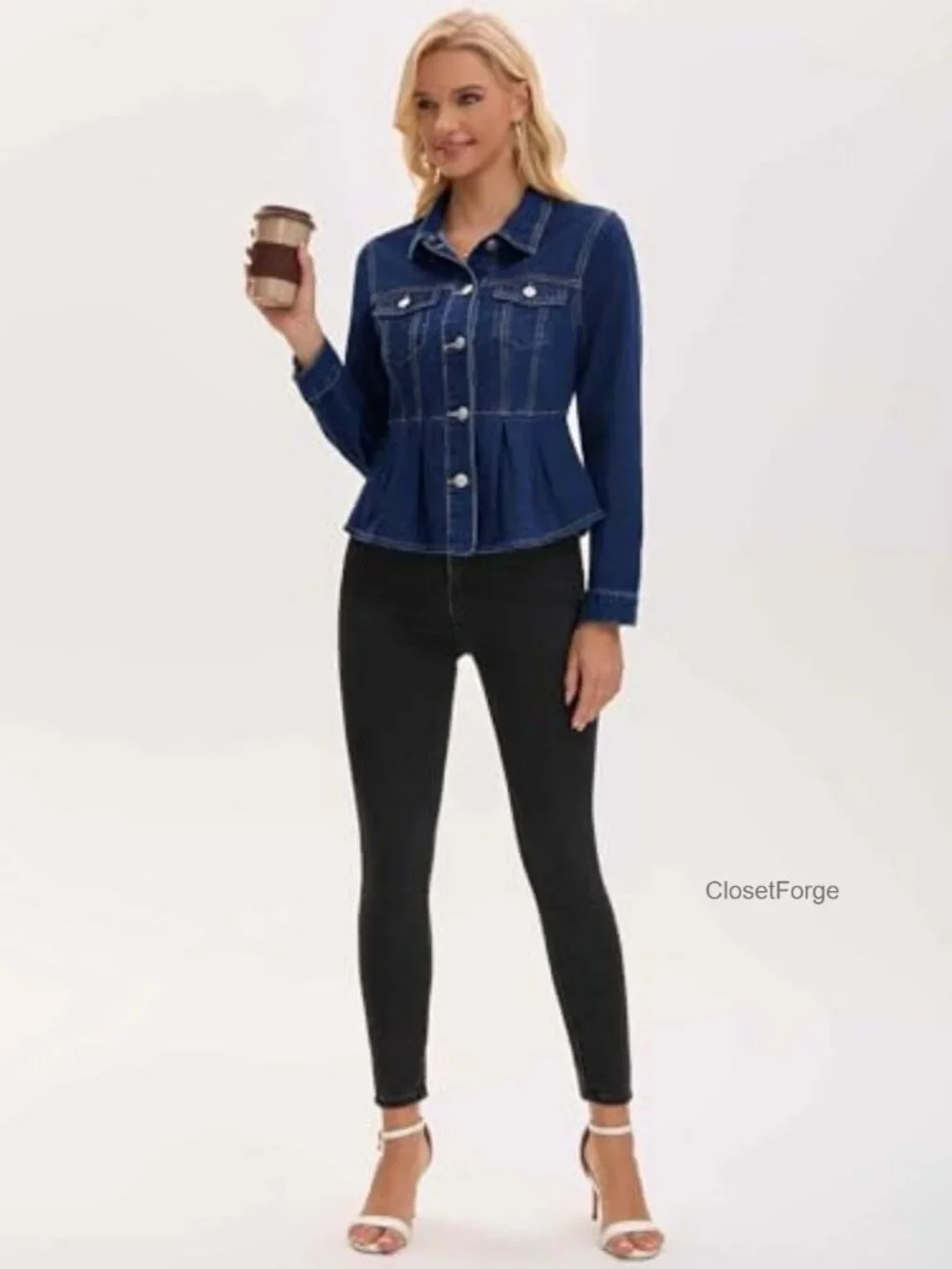 Ruffle Hem Peplum Denim Jacket Button Down Collar Long Sleeve with Pockets